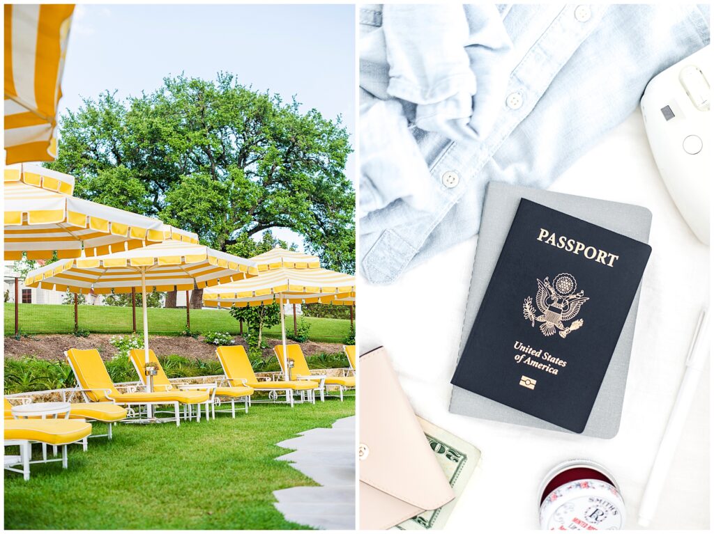 yellow sun beds with yellow and white umbrellas on the grass next to a patio
